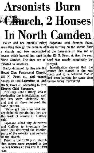Arsonists Burn Church at 915 North Front Street — Camden Courier-Post, August 17, 1963