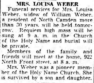 Mrs. Louisa Weber obituary — Camden Courier-Post, June 9, 1938
