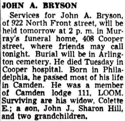 John A. Bryson obituary — Camden Courier-Post, September 2, 1948