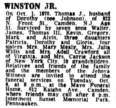 Thomas J. Winston Jr. death notice — Camden Courier-Post, October 5, 1970