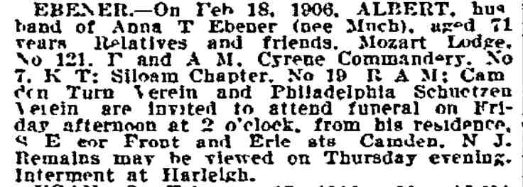 Albert Ebener obituary — Philadelphia Inquirer, February 20, 1906