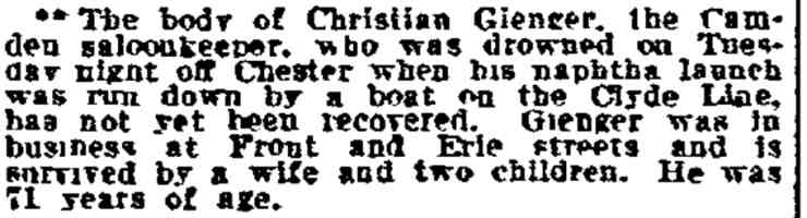 Body of Christian Gienger not recovered — Philadelphia Inquirer, September 2, 1909