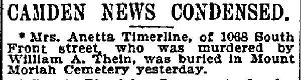 Camden News Condensed — Mrs. Anetta Timerline murdered — Philadelphia Inquirer, June 20, 1895