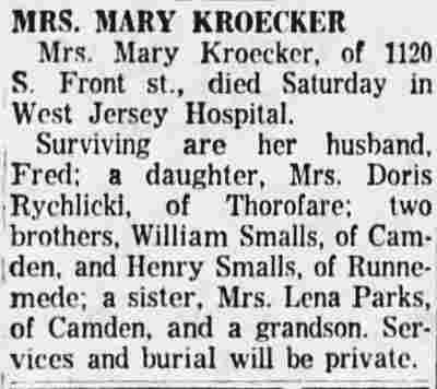 Mrs. Mary Kroecker obituary — Camden Courier-Post, March 7, 1960