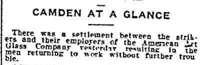 Camden at a Glance — American Art Glass settlement — Philadelphia Inquirer, June 18, 1915