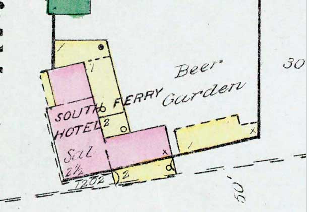 1885 Sanborn fire insurance map showing South Ferry Hotel at Front Street and Kaighn Avenue