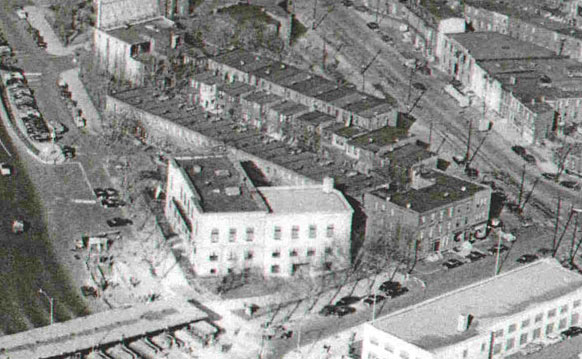 1950s photo from roof of Hotel Walt Whitman showing Fulton Place homes behind the Bridge Administration Building