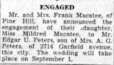 Engaged — Edgar U. Peters and Mildred Macatee, Camden Courier-Post, July 25, 1941
