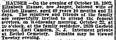 Hauser obituary, Philadelphia Inquirer, October 20, 1902