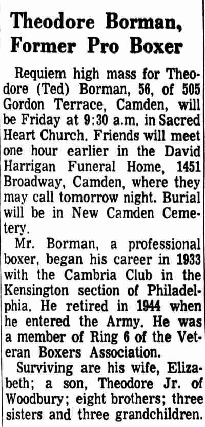 Theodore Borman, Former Pro Boxer — Camden Courier-Post, March 6, 1968