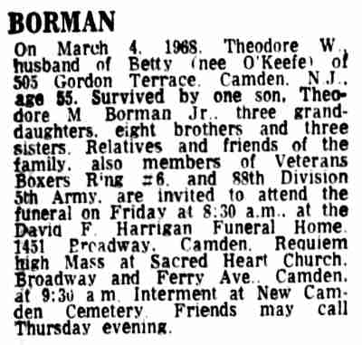 BORMAN — Death Notice — Camden Courier-Post, March 6, 1968