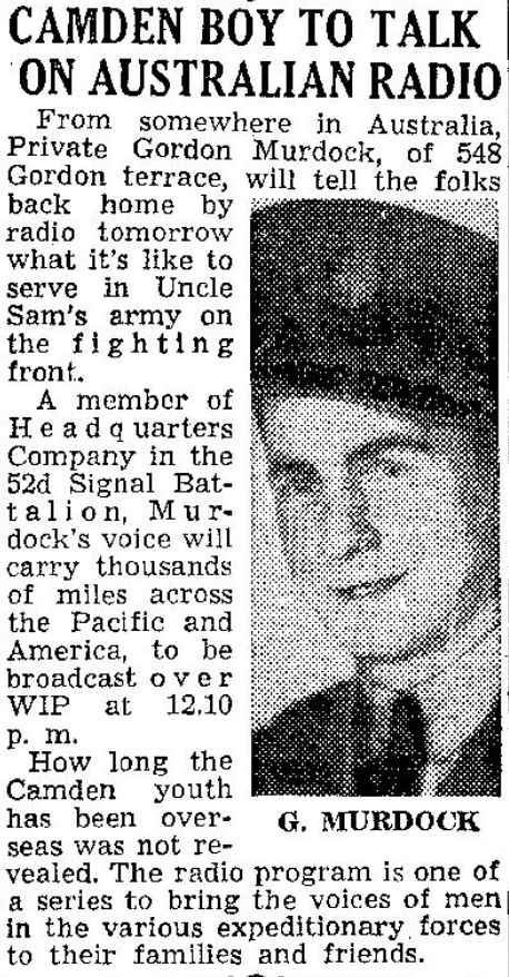 Camden Boy to Talk on Australian Radio — Private Gordon Murdock, 548 Gordon Terrace — Camden Courier-Post