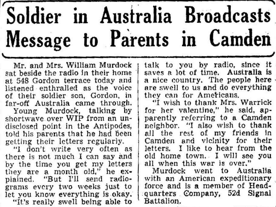 Soldier in Australia Broadcasts Message to Parents in Camden — Camden Courier-Post