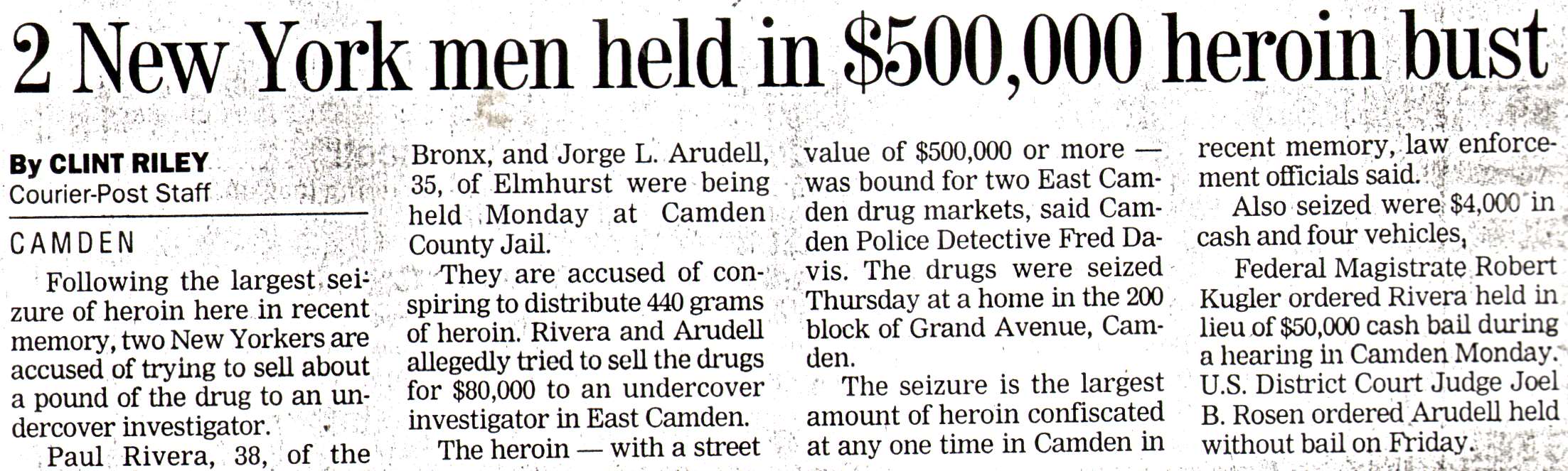 Newspaper clipping: 2 New York men held in $500,000 heroin bust, Camden Courier-Post, March 9, 1999