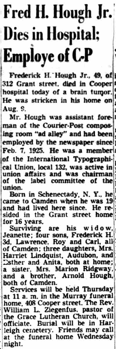 Fred H. Hough Jr. obituary, Camden Courier-Post, August 20, 1951