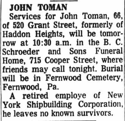 John Toman obituary, Camden Courier-Post, March 20, 1967