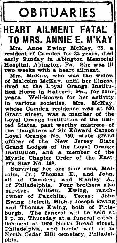 Heart Ailment Fatal to Mrs. Annie E. McKay, Camden Courier-Post, April 20, 1937