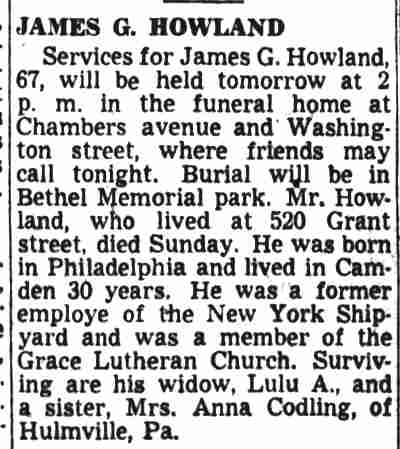 James G. Howland obituary, Camden Courier-Post, July 28, 1948