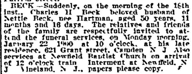Charles H. Beck death notice, Philadelphia Inquirer, January 19, 1900
