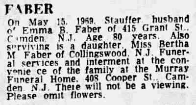 Stauffer Faber obituary, Camden Courier-Post, May 17, 1969