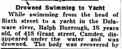 Drowned Swimming to Yacht - Philadelphia Inquirer, June 19, 1919