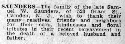 Saunders card of thanks, Camden Courier-Post, February 12, 1938