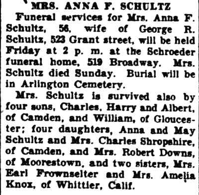 Mrs. Anna F. Schultz obituary, Camden Courier-Post, September 15, 1936