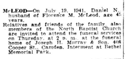 McLeod death notice, Camden Courier-Post, July 1941