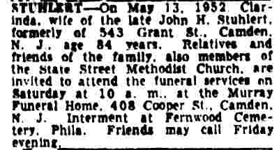Stuhlert death notice, Camden Courier-Post, May 14, 1952
