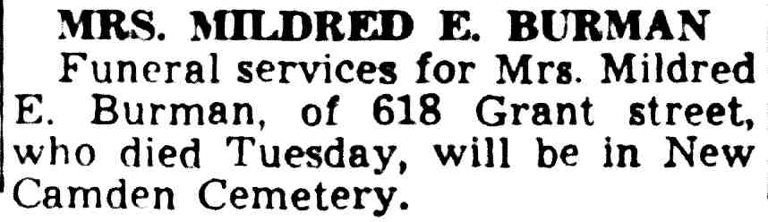Mrs. Mildred E. Burman obituary, Camden Courier-Post, October 23, 1941