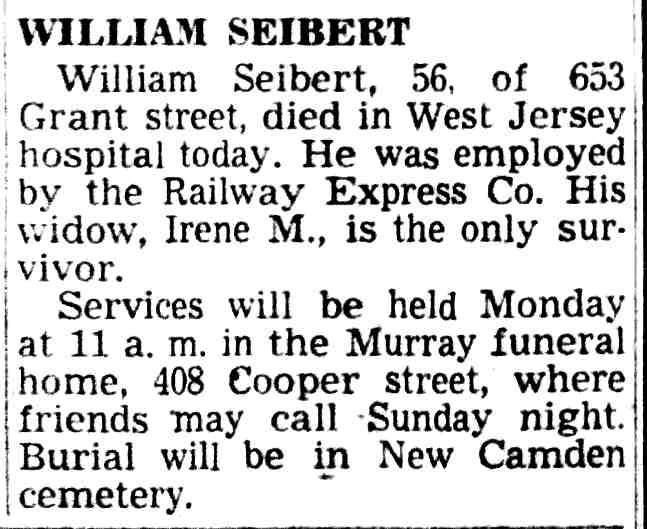 William Seibert obituary, Camden Courier-Post, May 4, 1940