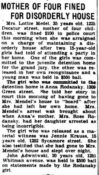 Mother of Four Fined for Disorderly House — 1225 Decatur Street — Camden Courier-Post, August 31, 1927