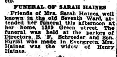 Funeral of Sarah Haines, 1309 Green Street