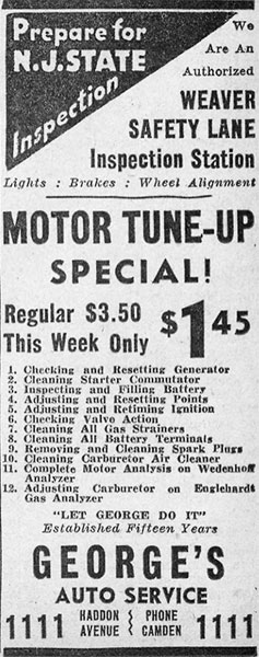 Motor Tune-Up Special, George's Auto Service, 1111 Haddon Avenue, Camden — Camden Courier-Post, June 1, 1939