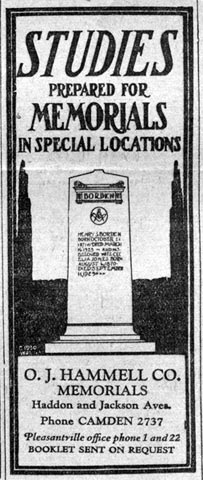 1933 Courier-Post advertisement for O.J. Hammel & Co. Memorials at Haddon and Jackson Avenues