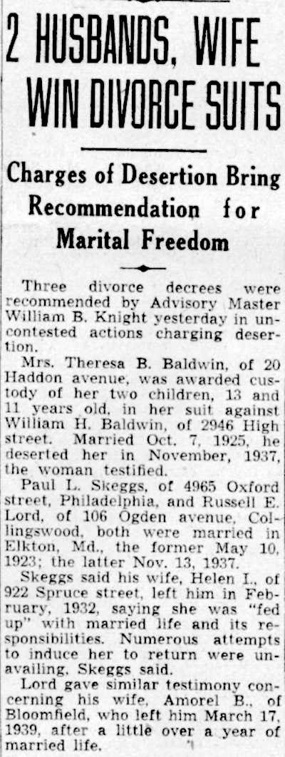 2 Husbands, Wife Win Divorce Suits — William H. Baldwin of 2946 High Street, Camden Courier-Post, July 29, 1941