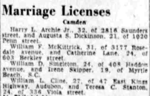 Marriage Licenses — Camden Courier-Post, September 15, 1951
