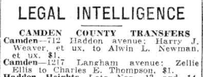 Newspaper clipping: Legal Intelligence, Camden County Transfers, July 4, 1941