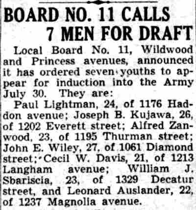 Board No. 11 Calls 7 Men for Draft — 1329 Decatur Street — Camden Courier-Post, July 24, 1941