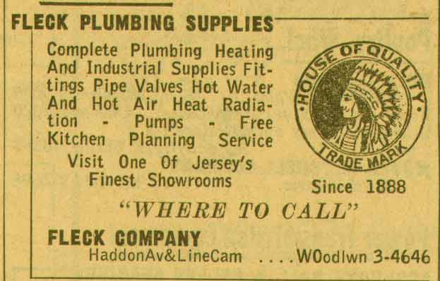 Fleck Plumbing and Heating Supply Company advertisement, New Jersey Bell Yellow Pages, 1955