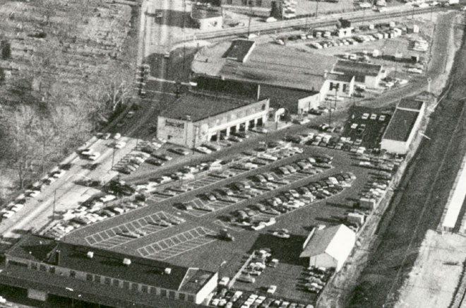 December 1967 parking lot at the former site of the George D. Weatherill Varnish Works, with 1721 Haddon Avenue and Randolph Chevrolet visible
