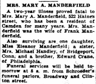 Obituary of Mrs. Mary A. Manderfeld, 522 Haines Street, Camden Courier-Post, September 11, 1934