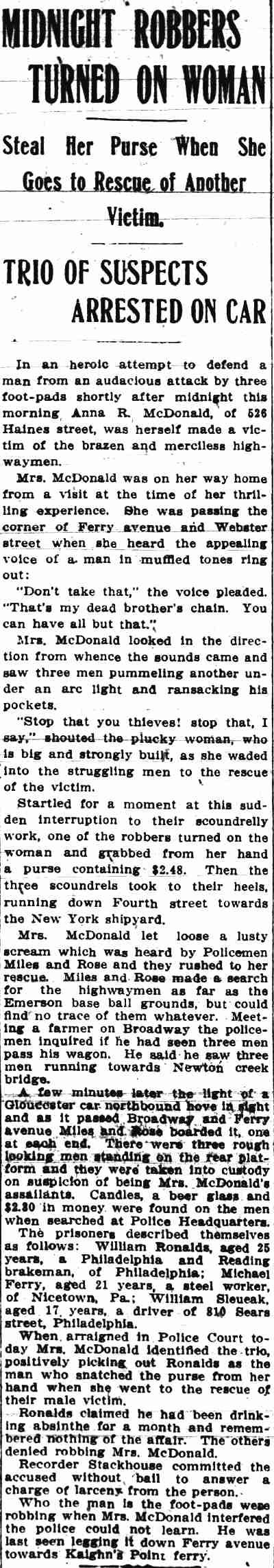 Midnight Robbers Turned on the Rescuer — Camden Post-Telegram, May 7, 1912