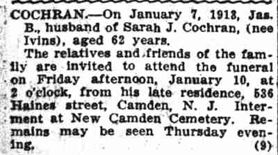 James B. Cochran obituary, 536 Haines Street — Camden Post-Telegram, January 9, 1913