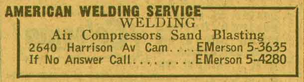 American Welding Service at 2640 Harrison Avenue, New Jersey Bell Yellow Pages, 1955