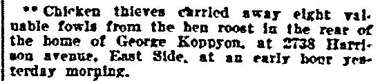Philadelphia Inquirer article about chicken thieves at 2738 Harrison Avenue, June 1, 1903