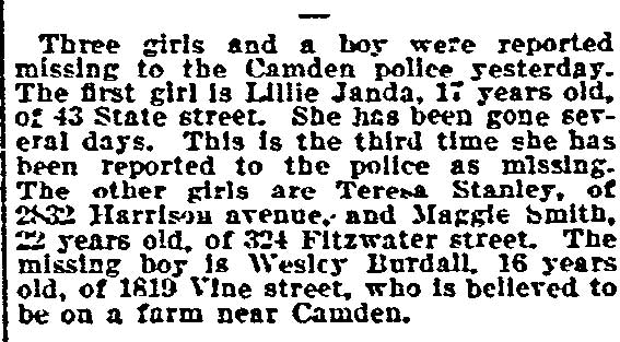 Philadelphia Inquirer article about missing persons including Teresa Stanley of 2432 Harrison Avenue, May 9, 1906