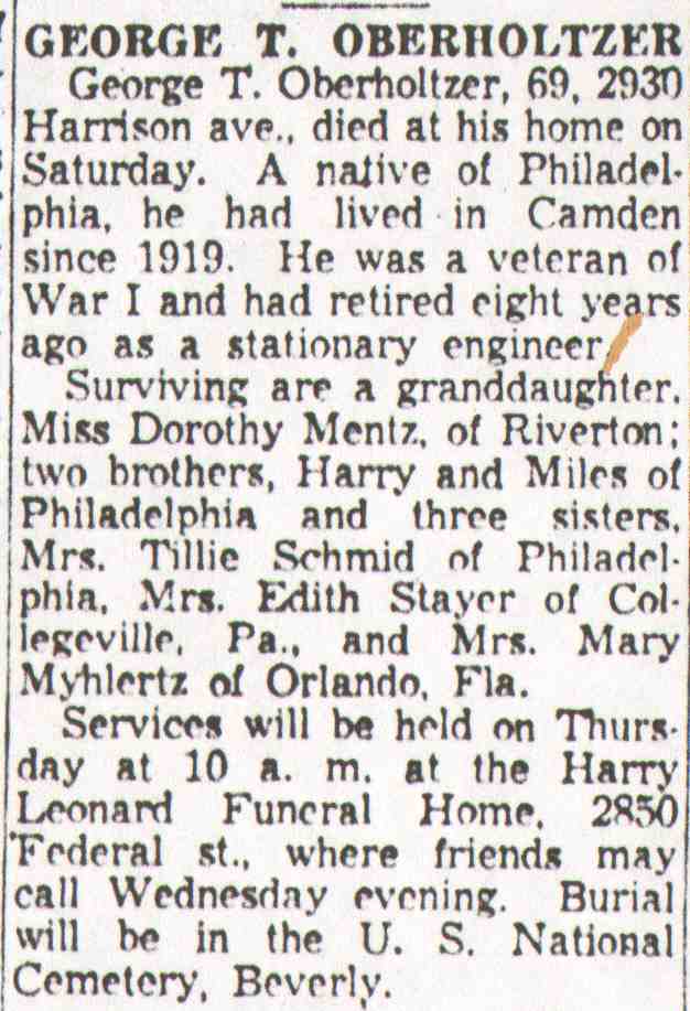 Obituary for George T. Oberholtzer of 2930 Harrison Avenue, Camden Courier-Post, December 17, 1957