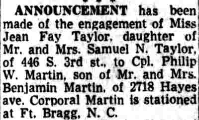Engagement announcement for Philip W. Martin of 2718 Hayes Avenue, Camden Courier-Post, April 3, 1953
