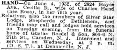 Obituary for Cecilia R. Hand of 2824 Hayes Avenue, Camden Courier-Post, June 6, 1932